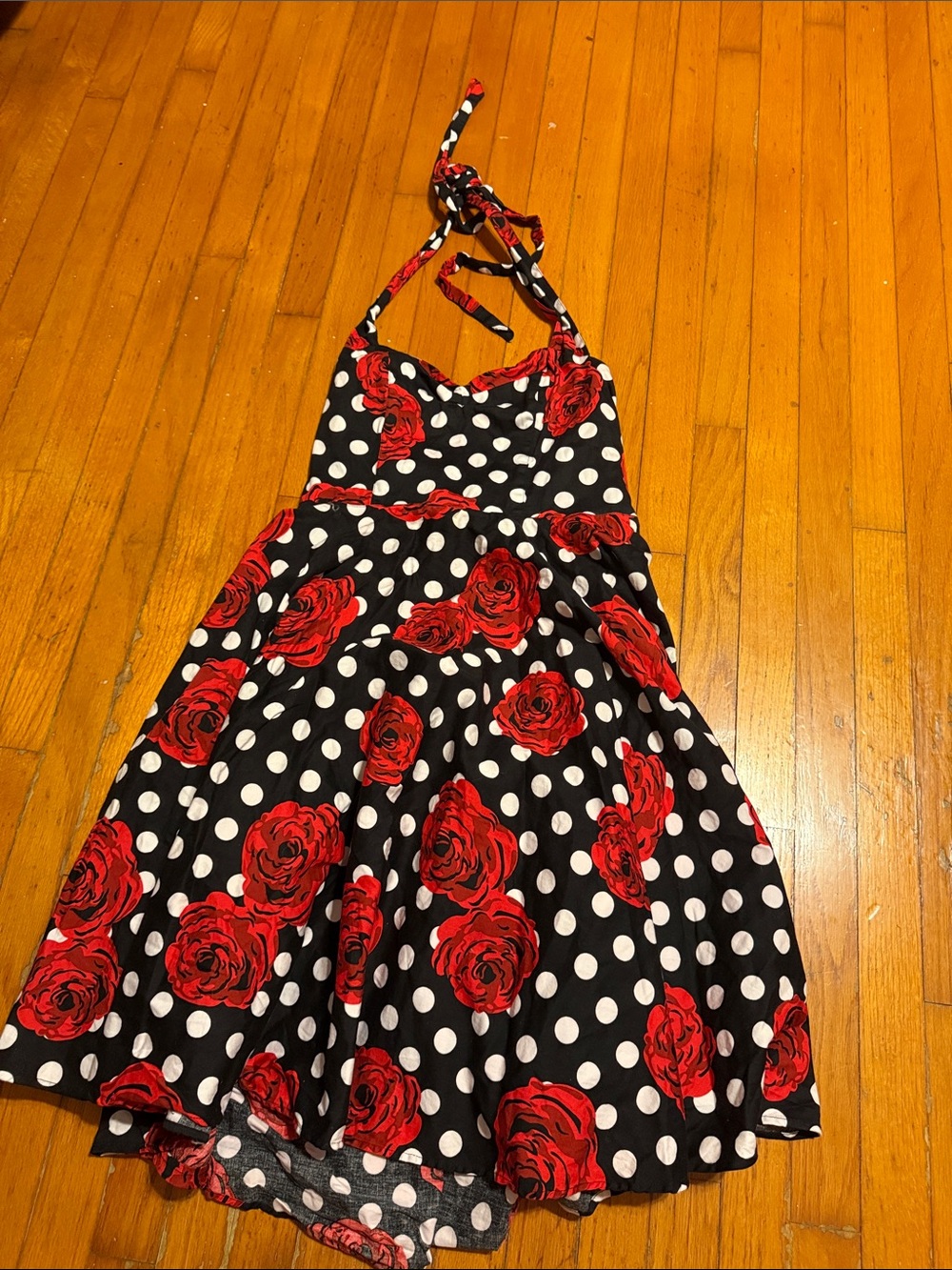 Grace Karin Red Rose & White Polka Dot Black Dress with Halter Straps